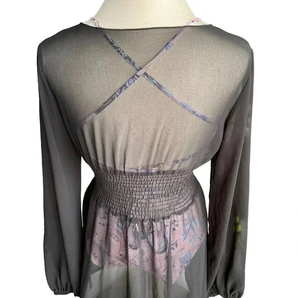 Black Asymmetrical Deep-V Sheer Swim Coverup Dress with Elastic Waist- Medium - Picture 6 of 10